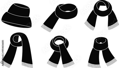Winter accessory silhouette icon set featuring hat and multiple scarf styles with fringes, loops, and knots, perfect for fashion, retail, and design projects