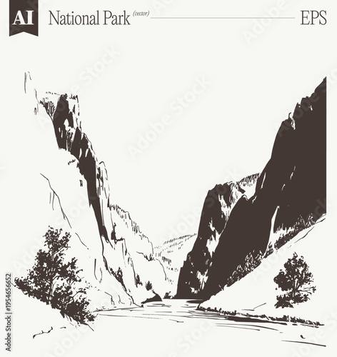Dramatic Canyon National Park High-Contrast Vector Illustration