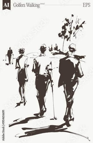 Three Golfers Walking Golf Course Ink Brushstroke Sketch Leisurely