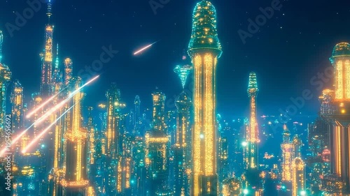 Glowing city illuminates the sky as shooting stars cascade through the night