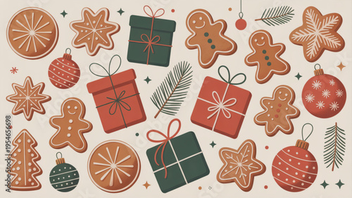 Festive christmas cookies gifts and ornaments on a beige background with holiday decorations and treats