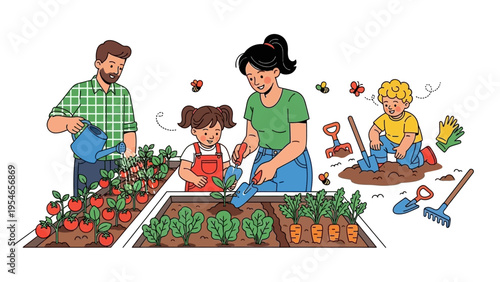 Family Gardening Together in Vegetable Garden.