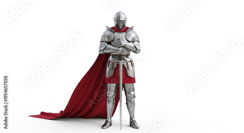 A 3d fantasy illustration of a red medieval knight in a suit of armor with a sword portrays a cartoon warrior woman soldier as a heroic person