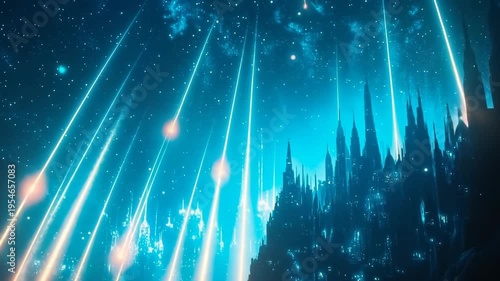 Glowing city illuminates the sky as shooting stars cascade through the night