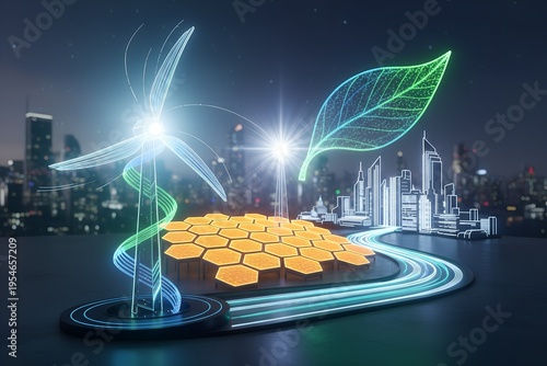Clean Renewable Energy Concept with Wind Turbine Solar Power and Smart City Technology