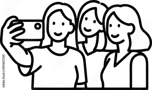 Three Women Taking Group Selfie Outline. Minimalist line portrait of three female friends taking a group photo together.