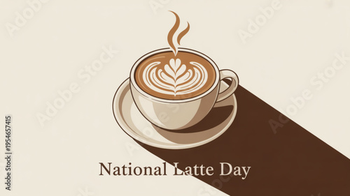 Steaming latte coffee cup on saucer with leaf design national latte day celebration