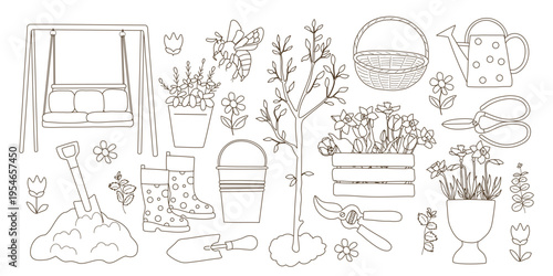 Gardening Line Art Set. Tools Plants Nature