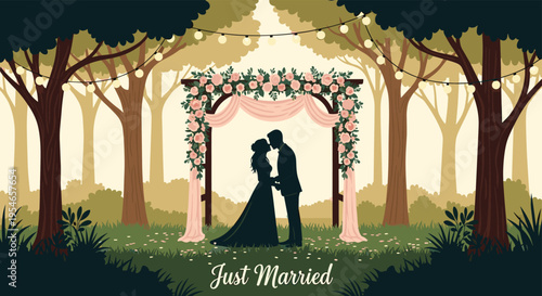 Romantic wedding scene with a silhouette of a couple kissing under a floral arch decorated with roses and string lights in a dark forest.
