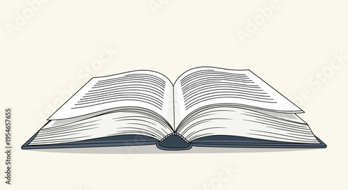 Detailed line drawing of a large open book with many pages showing text lines in a simple and clean hand drawn vector illustration style.