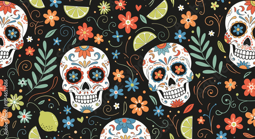 Vibrant seamless pattern for Day of the Dead featuring decorated sugar skulls, colorful flowers, and lime slices on a dark background.