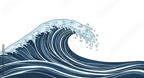 Powerful ocean wave curling and breaking with sea foam and spray illustrated in a traditional Japanese art style for nature and surf concepts.