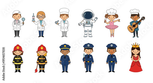 Colorful collection of children characters dressed in various professional uniforms like doctor, astronaut, firefighter, and police officer on white.