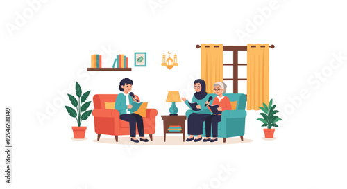 Elderly woman and young woman sitting on couch and armchair in living room