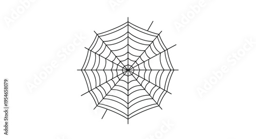 Symmetrical black spider web icon with thin lines isolated on a white background for halloween, spooky, or nature themed graphic design projects.
