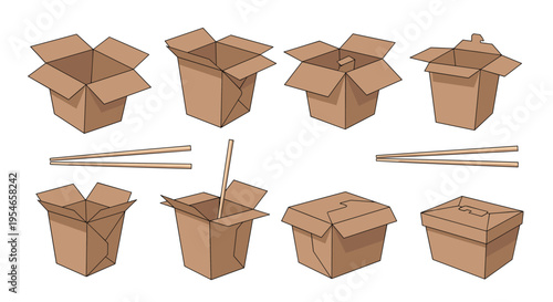 Collection of assorted brown cardboard take-away boxes for food delivery including noodle boxes and closing containers with chopsticks on white.
