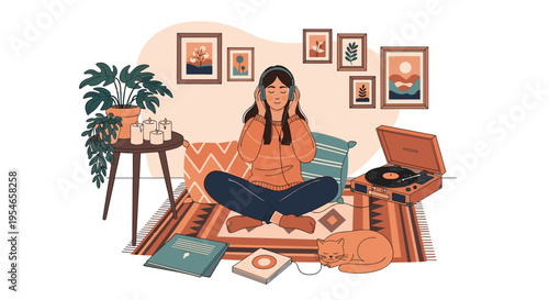 Young woman relaxing at home and listening to music through headphones while sitting on a rug with a vinyl record player and cozy decorations.