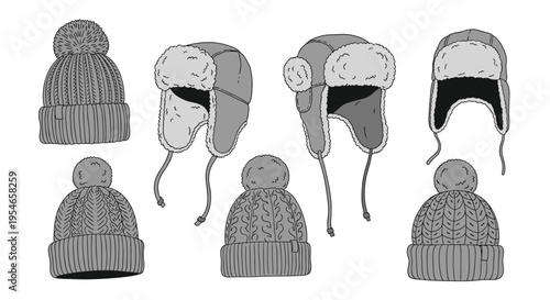 Set of various warm winter headwear including pom-pom beanies and fur-lined ushanka hats illustrated in a detailed grey scale style for fashion.