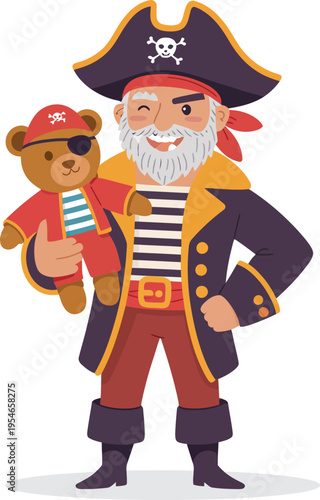 A cartoon pirate with a teddy bear on a white background
