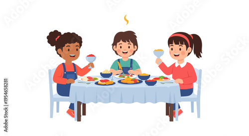 happy children eating at a table with food and drinks