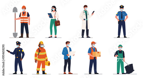 Diverse group of essential workers and professionals wearing face masks during the pandemic including doctor, police, firefighter, and builder.