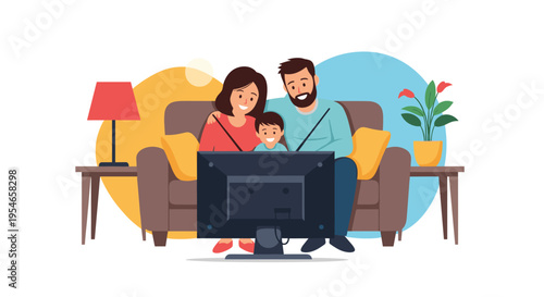 Happy young family with a child sitting on a couch and watching television together in a cozy living room with colorful circles in background.