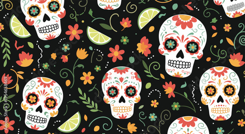 Vibrant pattern for the Day of the Dead festival showcases decorated sugar skulls, colorful flowers, and lime slices on a dark background.