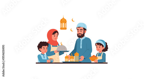 happy muslim family preparing iftar meal together
