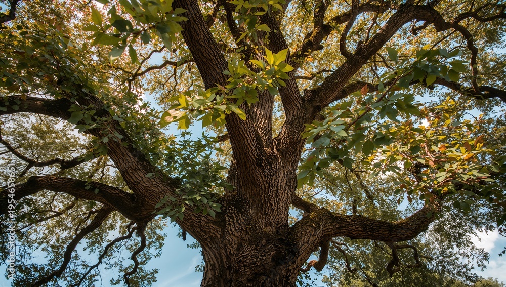 Obraz premium Towering broadleaf trunk splitting into twisting primary branches in park, showing textured bark