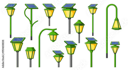 Collection of Solar Powered Street Lamps on White Background