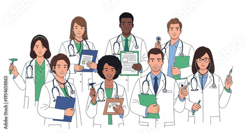 Diverse Medical Team of Doctors and Nurses with Stethoscopes and Clipboards