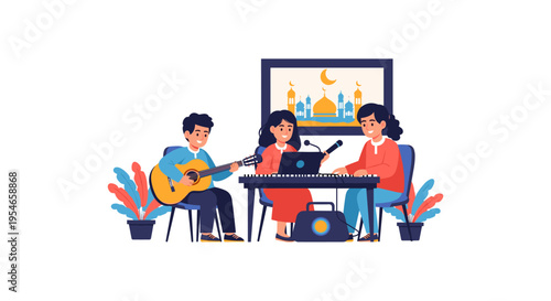 Diverse musicians playing instruments in modern studio with colorful cityscape backdrop