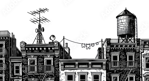 Urban Rooftops Sketch: Cityscape with Water Tower, Antenna, and Clothesline