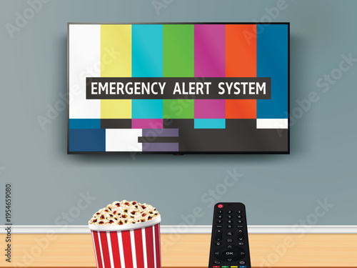 Emergency alert system. Remote control is pointed at the no signal TV on the wall. Failed to watch online tv with remote control and popcorn box