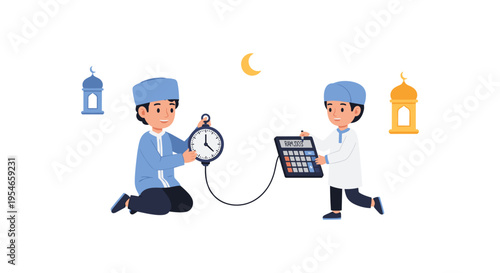 Muslim boys with clock and rosary in ramadan