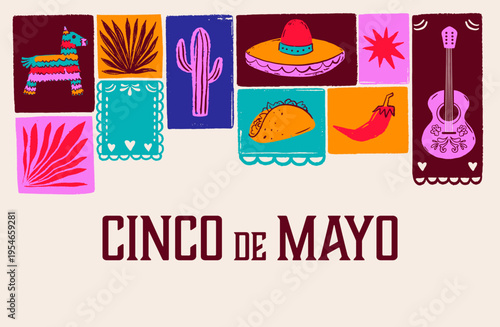 Cinco de Mayo Mexican holiday celebration background with hand-drawn decorative elements, symbols and icons