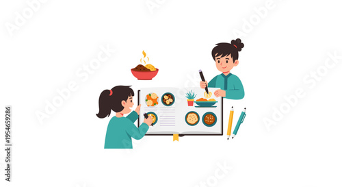 mother and child cooking together with recipe