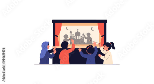 people watching shadow puppets on a screen at night