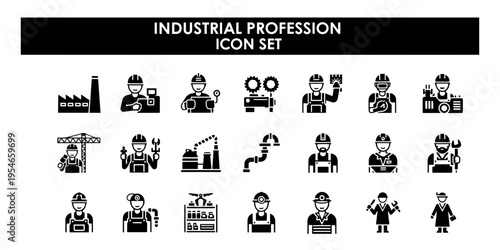 A Professional Collection of Minimalist Vector Icons Showing Different Industrial Professions Including Workers and Factory Elements for Various Uses