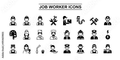 A comprehensive collection of minimalist and neutral job worker icons representing diverse professions for various informational purposes