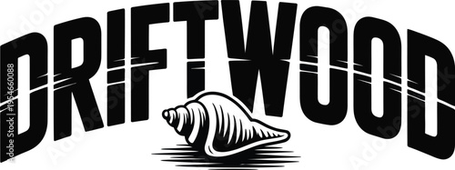 A black and white logo featuring the word Driftwood with a seashell