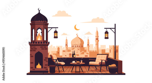 ramadan kareem illustration with mosque and outdoor seating area