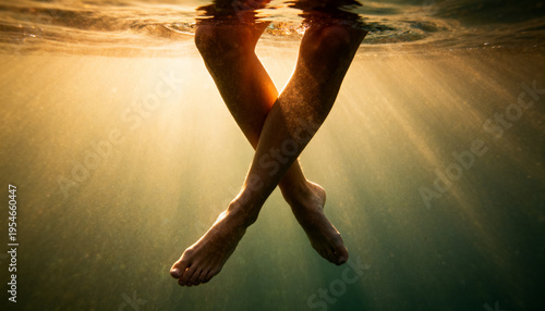 Floating bare legs and feet drifting in open water, with sunbeams, waterline and particles