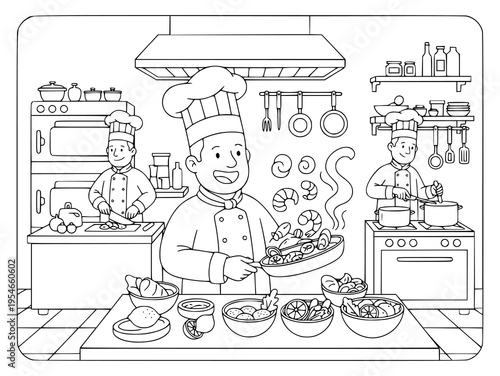 Chef characters cooking in a professional kitchen coloring page for children