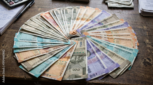 Fan of Indian Rupee banknotes arranged on rustic wooden table representing financial transactions and economy of India monetary values currency exchange wealth investment