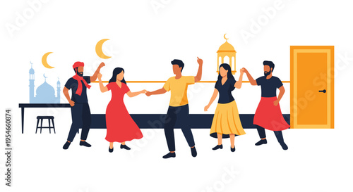 Flat design couple dancing tango in warm evening cityscape with moon and skyline