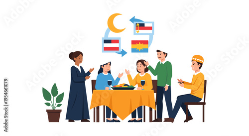 Diverse group of people communicating and translating languages