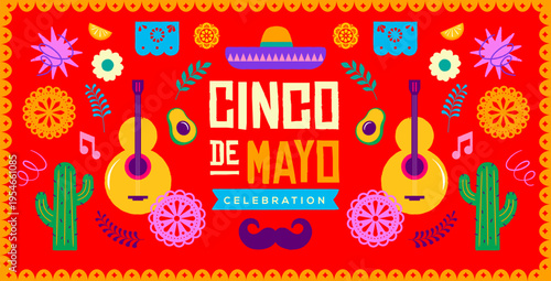 Cinco de Mayo Mexican holiday celebration background with hand-drawn decorative elements, symbols and icons