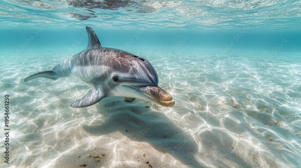 Naklejka premium Young dolphin swimming underwater with sunlight reflection