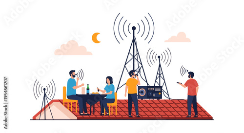 people working with telecommunications towers and wireless signals at night